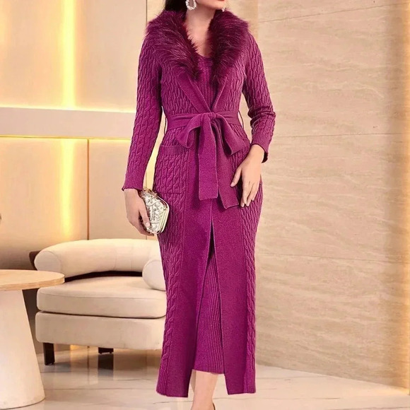 . Sweaters - Red Violet Casual Womens Fuzzy Trim Belted Cardigan & Rib Knit Sweater Dress